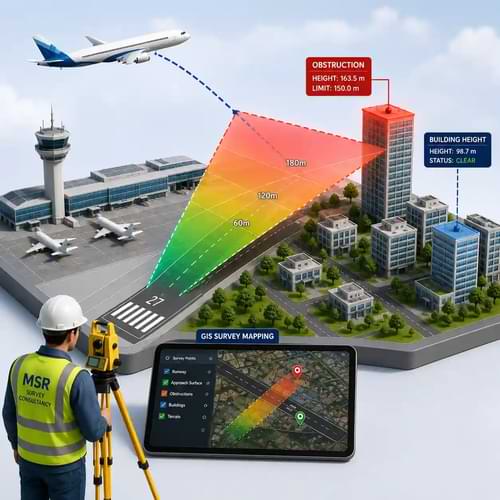 Surveyor conducting a GIS-based airport obstacle survey to assess building heights and aviation safety zones near a runway, with a visualization showing obstruction analysis for flight paths.